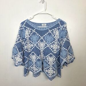 Kindred Anthropologie Blue White Dainty Embroidered Cottagecore Blouse Size L